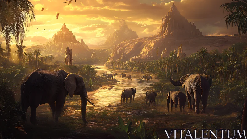 Elephant herd in river valley below stepped stone temples.