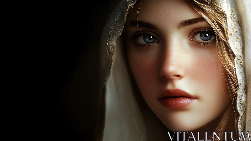 Soft-lit portrait reveals freckled girl in shimmering veil.