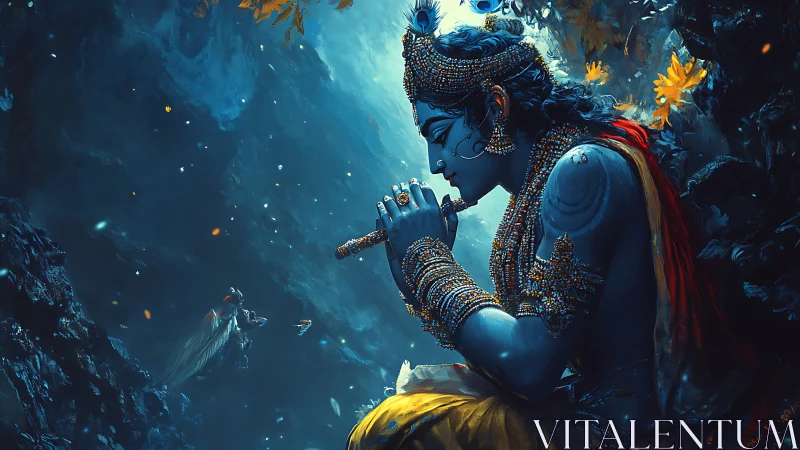 Divine blue figure plays jeweled flute in luminous forest
