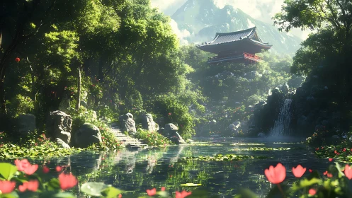 Luminous mountain garden with temple, waterfall and lotus pond.