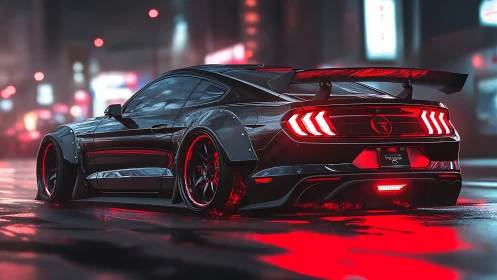 Sleek black muscle car glows in neon drenched night street.