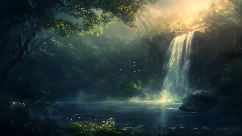 Digital painting of luminous forest waterfall and misted pool.