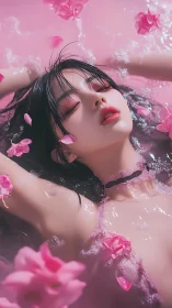 Woman floating in pink water with petals and closed eyes.