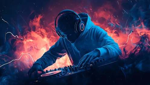 DJ in hoodie mixes on turntable amid blue and red flames