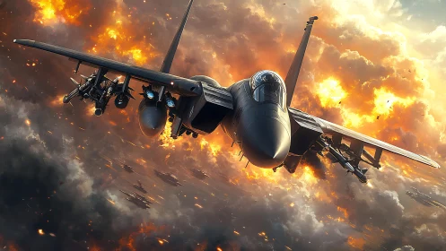Stealth jet roars through blazing battlefield sky in attack.