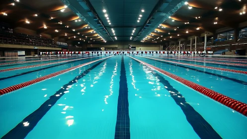 Indoor Olympic swimming pool with lanes and lighting.