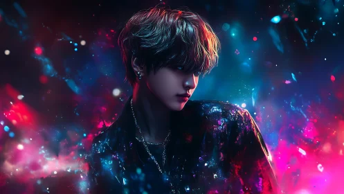 Moody digital portrait in glowing neon particle field.