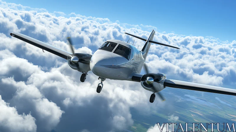 Twin engine propeller aircraft flying above dense clouds.