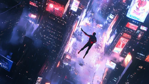 Silhouetted hero gliding through neon drenched city lights.