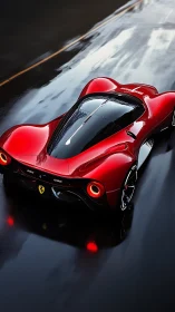Red hypercar curves slice wet asphalt with liquid reflections.