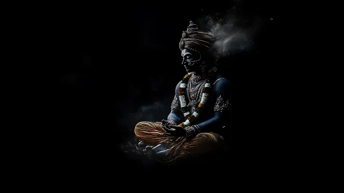 Divine blue deity meditates in glowing cosmic darkness