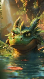 Emerald dragonling watches forest spring in golden light.