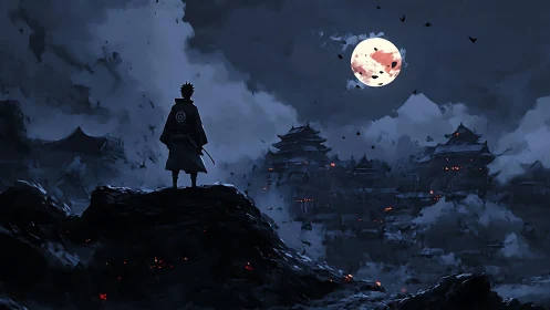 Lone swordsman overlooking burning samurai citadel at blood moon