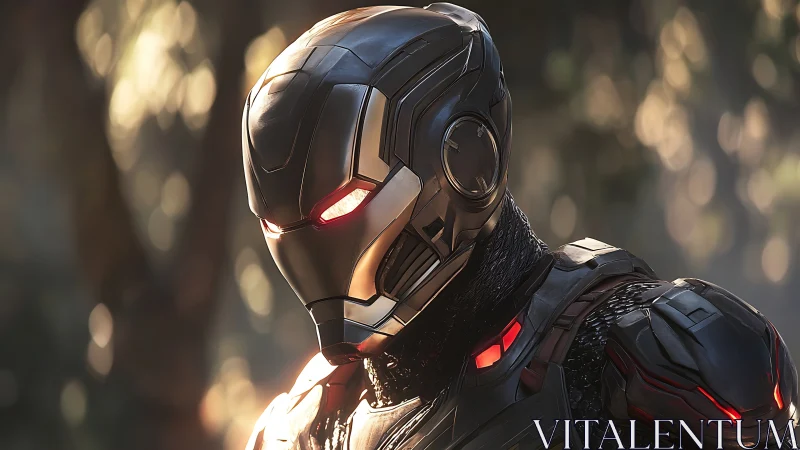 Armored sci fi warrior portrait in forest light.