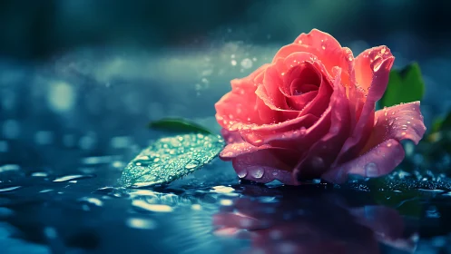 Coral Rose with Hydrophobic Petals and Reflective Water Droplets.