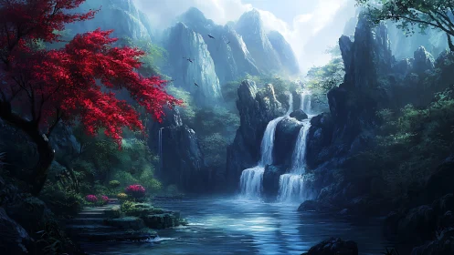 Layered waterfall valley framed by saturated foliage and misty peaks