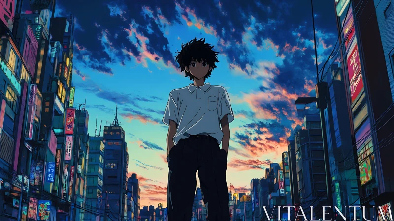 Solitary anime teen stands in neon city at electric sunset