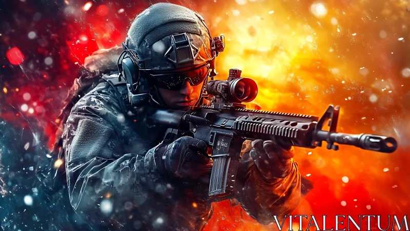 Tactical soldier aims rifle amid explosive bicolor firestorm.