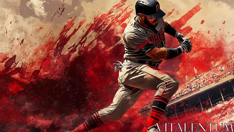 Baseball batter in mid swing against abstract red field.