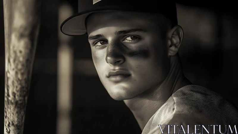 Monochrome close-up of baseball player in shaded dugout.