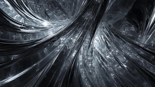 Abstract metallic vortex with silver and black digital art style.