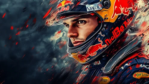 Dynamic portrait of racing driver in stylized high contrast helmet art