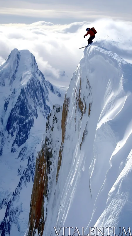 Skier drops from razor mountain ridge into cloud-filled abyss