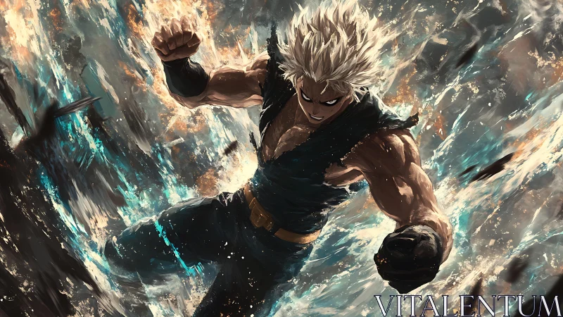 Fierce anime warrior surges forward through swirling energy