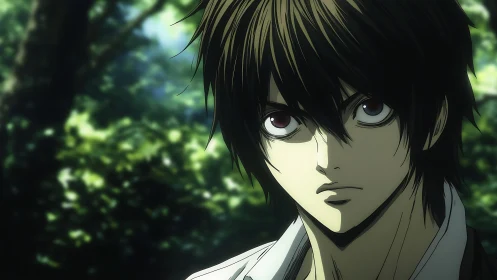 Male anime character with intense gaze in forest setting.