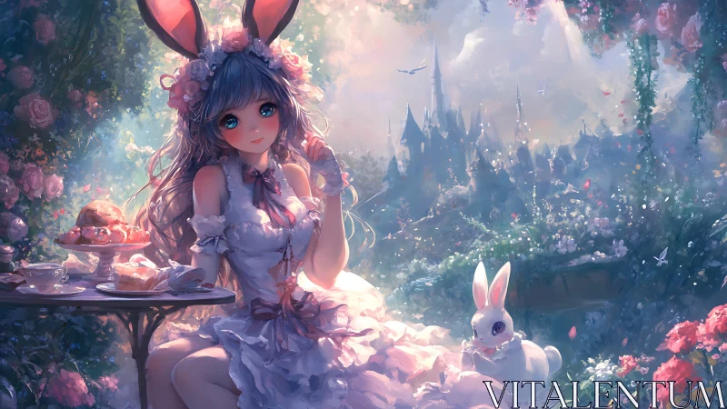 Luminous bunny-eared girl at rose garden tea tableau, castlescape.