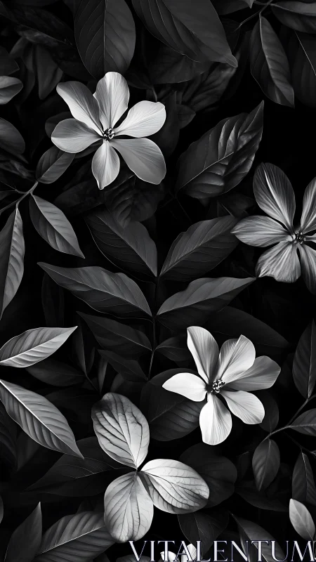 Monochromatic Floral Contrast: Five-Petaled Blooms Within Dense Foliage.