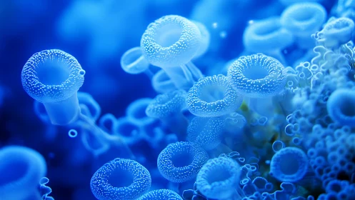 Abstract blue macro view of glowing tubular organic forms.