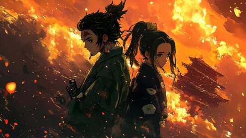 Samurai duo stand back to back in blazing twilight inferno.