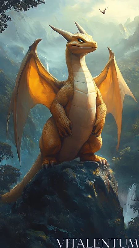 Orange dragon stands on rocky peak above misty valley