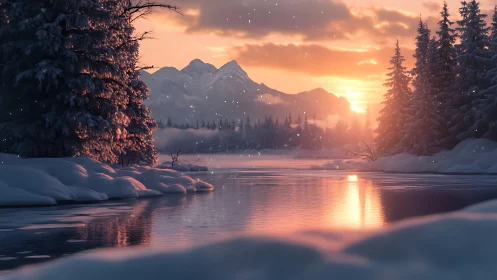 Winter alpine river reflects volumetric sunset illumination