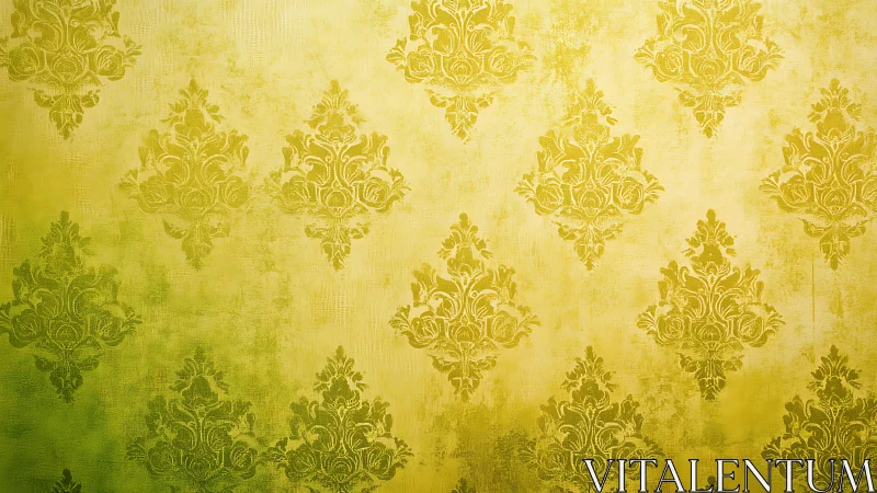 Ornamental damask motifs repeat across yellow green field