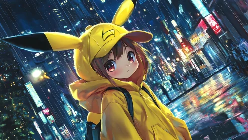 Child in yellow hoodie on wet neon city street at night.