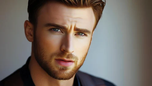 Handsome bearded man gazes forward in softly lit portrait.