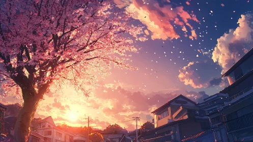 Sunset-illuminated cherry tree over residential rooftops panorama.