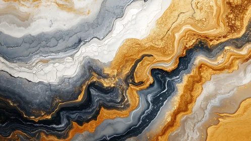 Layered fluid abstraction with gold, white and gray bands