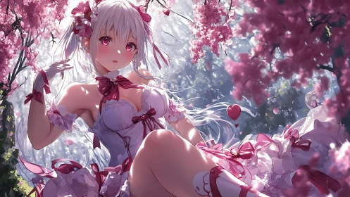 Cherry blossom anime girl in frilled pink lace dress.