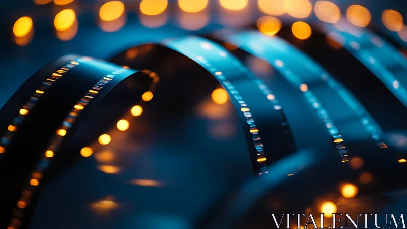 Cinematic ribbons of film glowing in cozy bokeh light.