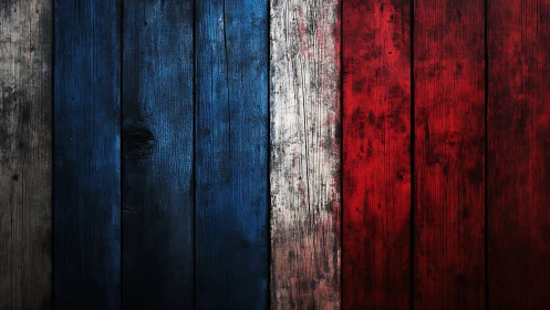 Weathered wooden planks painted in vertical tricolor bands