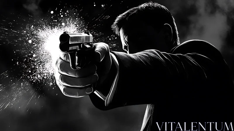 Monochrome suited gunman firing handgun in high contrast.
