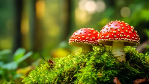 Twin fly agaric mushrooms glowing on lush forest moss.