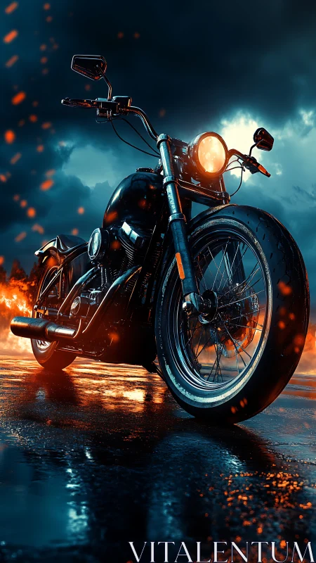 Custom cruiser motorcycle glows against stormy night sky.