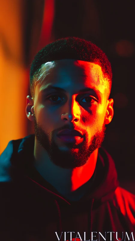 Warm portrait bathed in bold neon red and teal light glow.