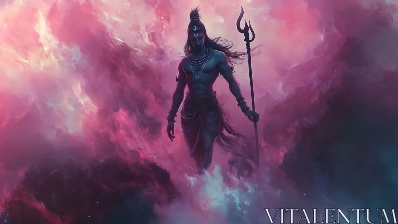 Celestial guardian walking through swirling cosmic mist.