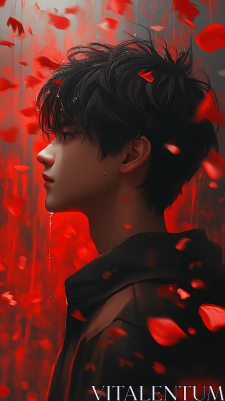 Crimson petals whisper around a lone, rainlit profile.
