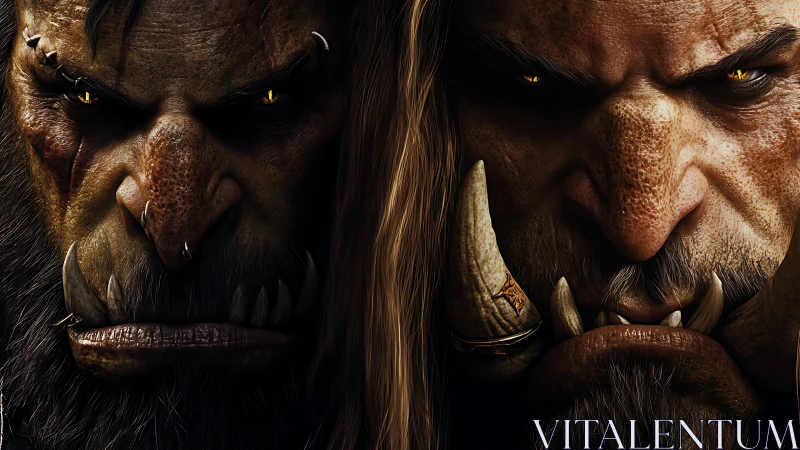 Twin orc warlords in intense golden-eyed close-up portrait.